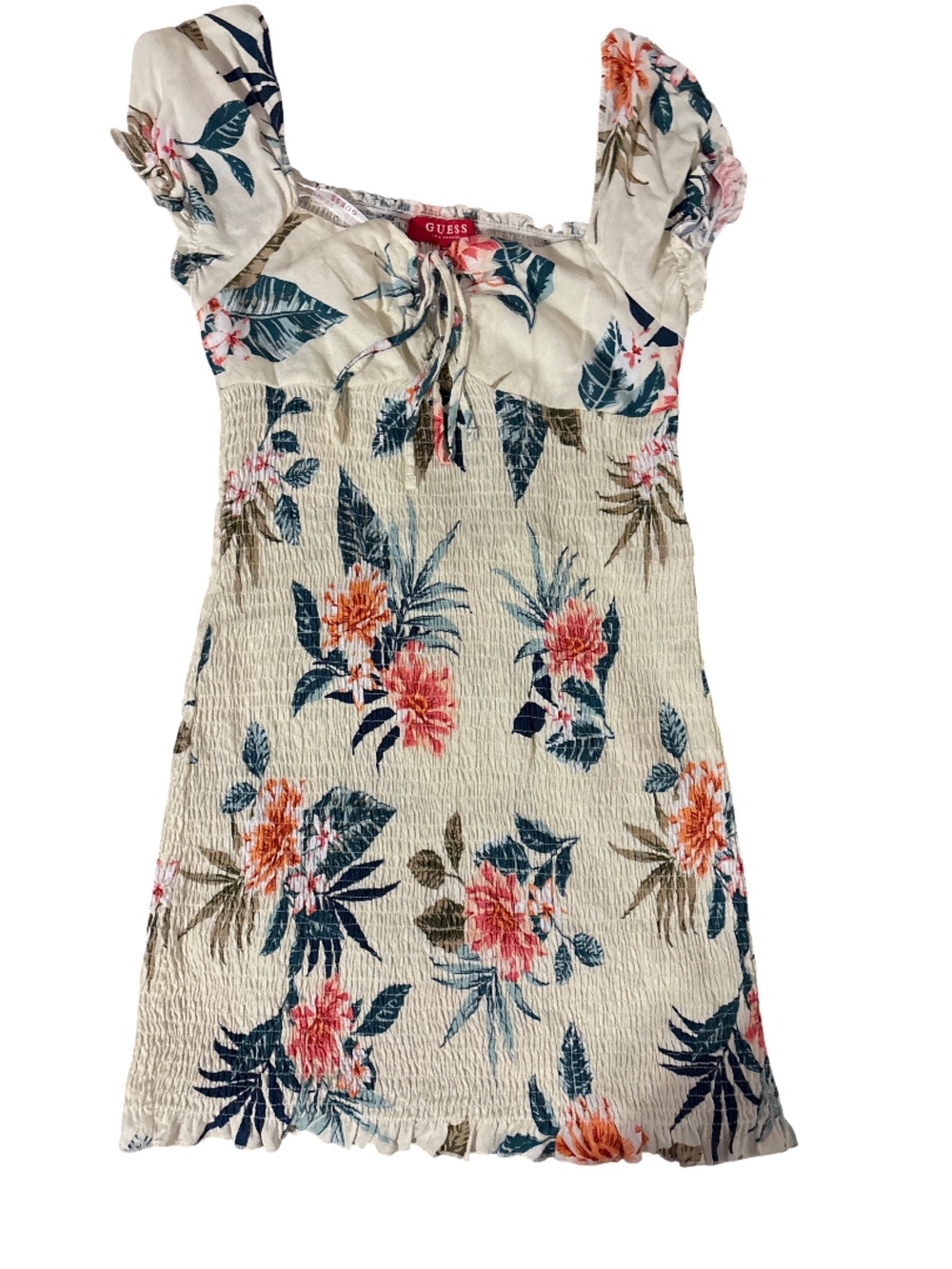 Guess Floral Strapless Dress in Cream, Coral & Navy